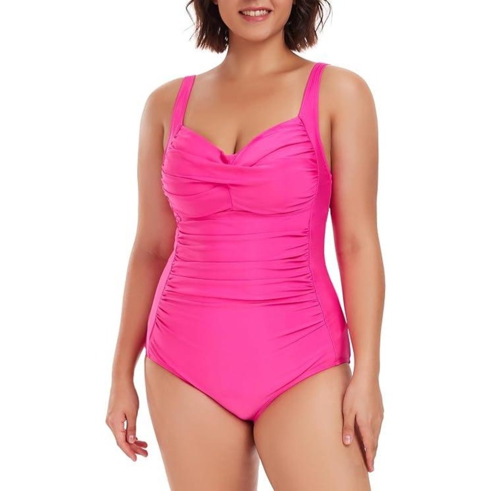 Ocean Blues One Piece Swimsuit Neon Rose Pink Ruched Tummy Control 3XL NWT